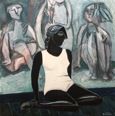 Painting titled "seated woman" by Simon Taylor, Original Artwork, Acrylic Mounted on Wood Stretcher frame