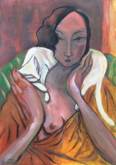 Painting titled "woman & cat 14" by Simon Taylor, Original Artwork, Acrylic