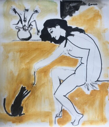 Painting titled "woman and cat sketch" by Simon Taylor, Original Artwork, Acrylic