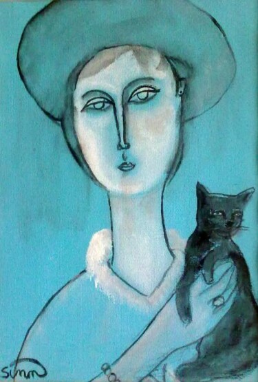 Pittura intitolato "woman and cat -4" da Simon Taylor, Opera d'arte originale, Olio