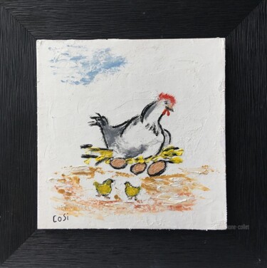 Картина под названием "poule  et poussins…" - Simone Collet, Подлинное произведение искусства, Масло Установлен на картон