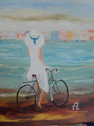 Painting titled "la bicyclette" by Simone Collet, Original Artwork, Oil Mounted on Wood Stretcher frame