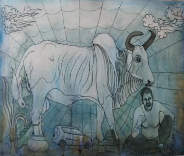 Peinture intitulée "power of sadhu" par Singh Avtar, Œuvre d'art originale, Aquarelle