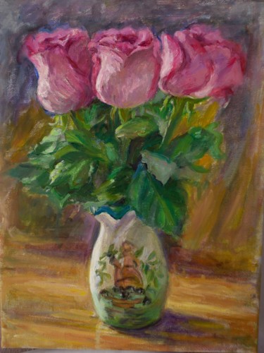 Ζωγραφική με τίτλο "Ροζ λουλούδια στο β…" από Athanasia P., Αυθεντικά έργα τέχνης, Λάδι