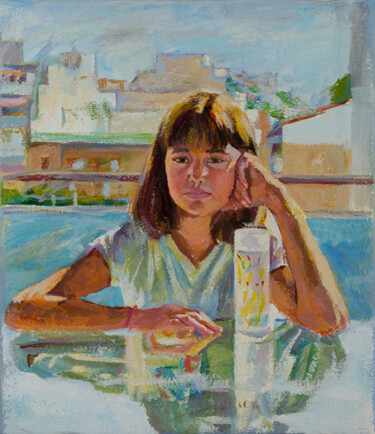 Ζωγραφική με τίτλο "Κορίτσι στη βεράντα" από Athanasia P., Αυθεντικά έργα τέχνης, Λάδι