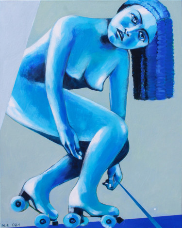 Schilderij getiteld "Blue roller skater" door Małgorzata Łodygowska, Origineel Kunstwerk, Acryl Gemonteerd op Frame voor hou…