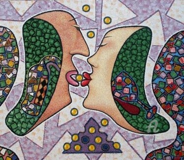 Schilderij getiteld "Влюблённый поцелуй." door Jori Sizonenko, Origineel Kunstwerk, Olie