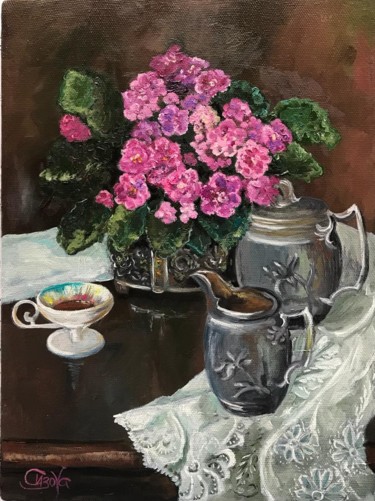 Peinture intitulée ""Фиалковое чаепитие"" par Inna Sizova, Œuvre d'art originale, Huile