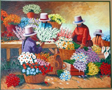제목이 "4 women in flower m…"인 미술작품 Sjoerd Nienhuys로, 원작, 기름 나무 들것 프레임에 장착됨