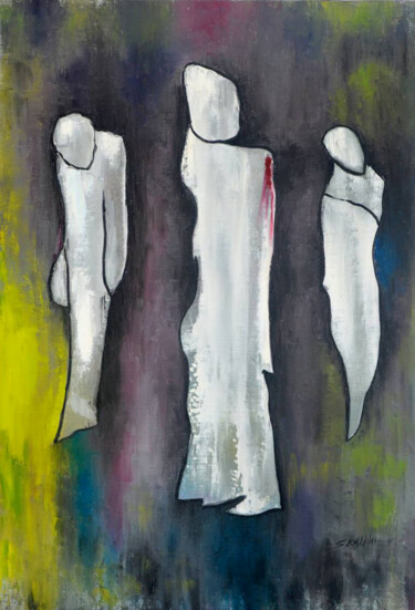 Schilderij getiteld "Three" door Vladimir Skalkin, Origineel Kunstwerk, Olie Gemonteerd op Frame voor houten brancard
