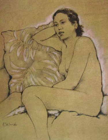 Disegno intitolato "nude resting on pal…" da Raymond Skibinski, Opera d'arte originale