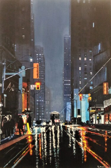 「New York sous la pl…」というタイトルの絵画 Skylinepaintingによって, オリジナルのアートワーク, アクリル ウッドストレッチャーフレームにマウント