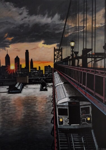 Painting titled "Métro new York sur…" by Skylinepainting, Original Artwork, Acrylic Mounted on Wood Stretcher frame