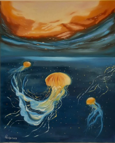 Painting titled "fantastic jellyfish" by Irina Ibragimova, Original Artwork, Oil Mounted on Wood Stretcher frame