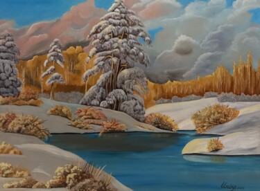 Painting titled "First snow" by Irina Ibragimova, Original Artwork, Oil Mounted on Wood Stretcher frame