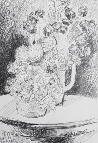 Dessin intitulée "Les fleurs sur tabl…" par Slobodan Spasojevic (Spaki), Œuvre d'art originale, Graphite