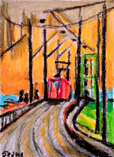 Malerei mit dem Titel "Pont de tramway" von Slobodan Spasojevic (Spaki), Original-Kunstwerk, Pastell