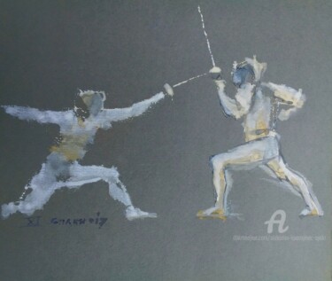 Painting titled "Attaque et defense" by Slobodan Spasojevic (Spaki), Original Artwork, Watercolor