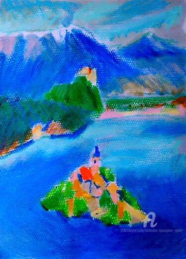 「Lac de Bled」というタイトルの絵画 Slobodan Spasojevic (Spaki)によって, オリジナルのアートワーク, パステル