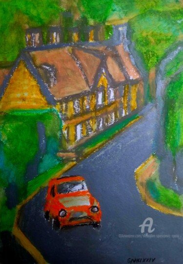 Painting titled "Le petit voiture ro…" by Slobodan Spasojevic (Spaki), Original Artwork, Pastel
