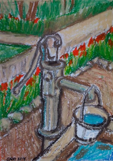 Painting titled "Pompe a eau manuell…" by Slobodan Spasojevic (Spaki), Original Artwork, Pastel