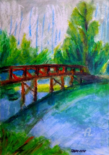 Pittura intitolato "Un pont de bois rond" da Slobodan Spasojevic (Spaki), Opera d'arte originale, Pastello