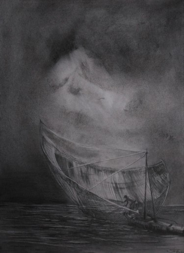 Zeichnungen mit dem Titel "Fishing boat" von Benny Smet, Original-Kunstwerk, Graphit