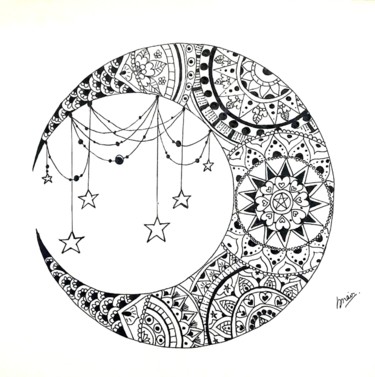 Drawing titled "Half moon mandala" by Queenie, Original Artwork, Gel pen