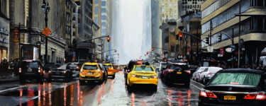 Painting titled "Rainy 6th Avenue (N…" by Sócrates Rízquez, Original Artwork, Enamel Mounted on Wood Stretcher frame