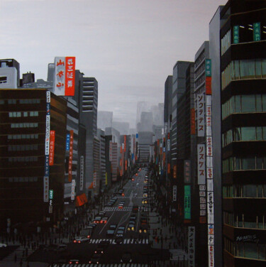 Painting titled "Ginza, Tokyo #6" by Sócrates Rízquez, Original Artwork, Enamel Mounted on Wood Stretcher frame