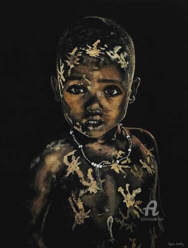 Painting titled "Menino de Ouro" by Sofia Costa, Original Artwork, Oil Mounted on Wood Stretcher frame