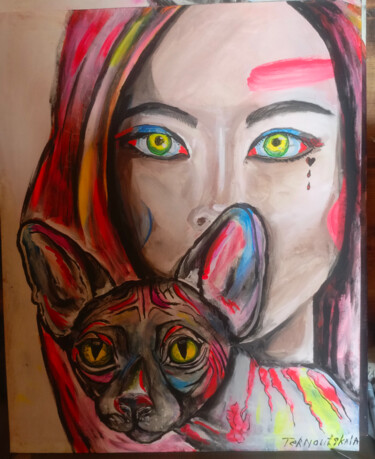 Картина под названием "Желтые глаза" - Sofia Ternoutskaia, Подлинное произведение искусства, Акрил Установлен на Деревянная…