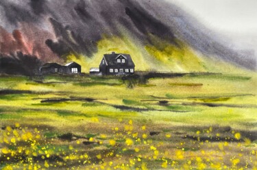 Painting titled "Field in mountains" by Sofiia Kulichkova (Sonjakul), Original Artwork, Watercolor