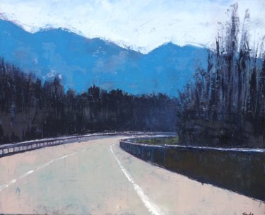 Painting titled "L'auto-route" by Sola, Original Artwork, Oil Mounted on Wood Stretcher frame