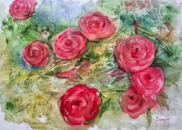 Картина под названием "Rosas Vermelhas" - Solange Esposito (SEsposito), Подлинное произведение искусства, Акварель