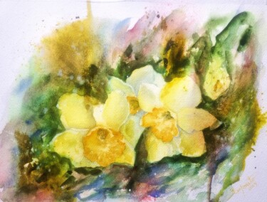 Schilderij getiteld "Narcisos Amarelos" door Solange Esposito (SEsposito), Origineel Kunstwerk, Aquarel