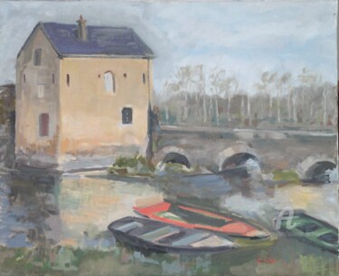 Pintura intitulada "Moulin sur le Loir…" por Chéker, Obras de arte originais, Óleo Montado em Armação em madeira