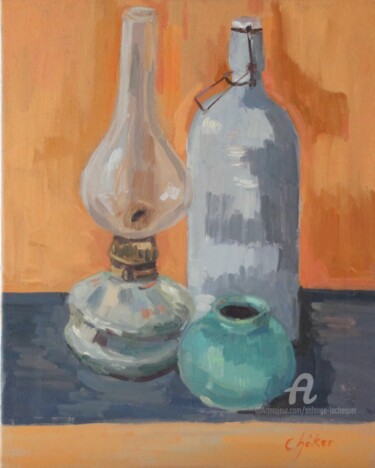 Картина под названием "Lampe à pétrole hon…" - Chéker, Подлинное произведение искусства, Масло Установлен на Деревянная рама…