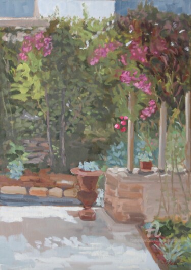 Painting titled "Le Patio à Kerstéph…" by Chéker, Original Artwork, Oil Mounted on Wood Stretcher frame