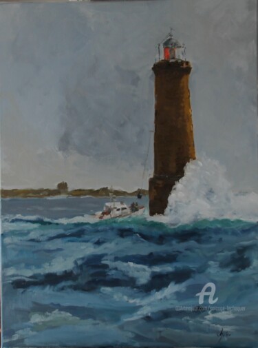 Painting titled "Phare de Kéréon" by Chéker, Original Artwork, Oil Mounted on Wood Stretcher frame