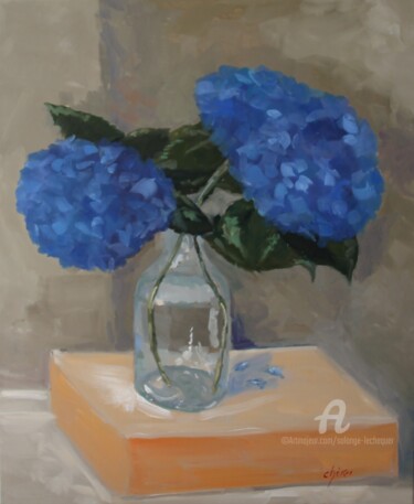 Schilderij getiteld "Les Hortensias bleu…" door Chéker, Origineel Kunstwerk, Olie Gemonteerd op Frame voor houten brancard