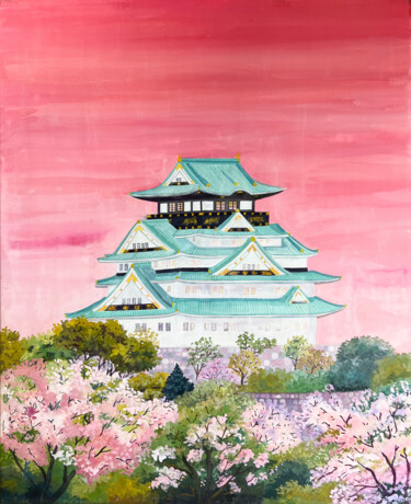 Painting titled "Le Château d'Osaka" by Solveig Sauvage, Original Artwork, Gouache Mounted on Wood Stretcher frame