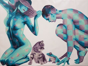 Malarstwo zatytułowany „Couple Cat and Frog” autorstwa Sonaly Gandhi, Oryginalna praca, Akryl