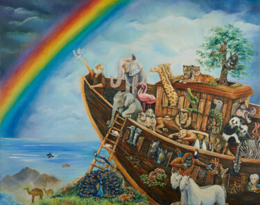 Painting titled "The Promise, Noah's…" by Sonia Finch, Original Artwork, Oil Mounted on Wood Stretcher frame