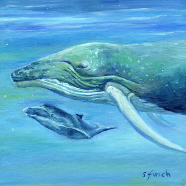 Painting titled "Spirit of Whale" by Sonia Finch, Original Artwork, Oil Mounted on Wood Stretcher frame