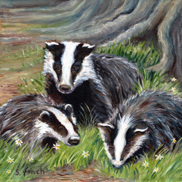 Painting titled "Spirit of Badger" by Sonia Finch, Original Artwork, Oil Mounted on Wood Stretcher frame