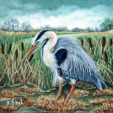 Painting titled "Spirit of Heron" by Sonia Finch, Original Artwork, Oil Mounted on Wood Stretcher frame
