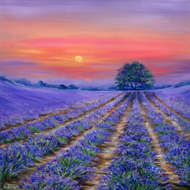 Painting titled "Lavender Fields at…" by Sonia Finch, Original Artwork, Oil Mounted on Wood Stretcher frame