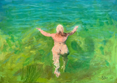 Painting titled "Swimming in Öresund" by Sonny Andersson, Original Artwork, Oil