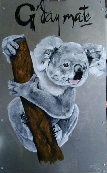 Schilderij getiteld "Good Day Mat Koala" door Sophie Baret, Origineel Kunstwerk, Olie Gemonteerd op Frame voor houten branca…